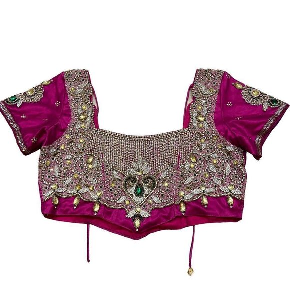One of a Kind Hot Pink Embroidered and Jeweled Sari Top Size Large - Picture 10 of 16